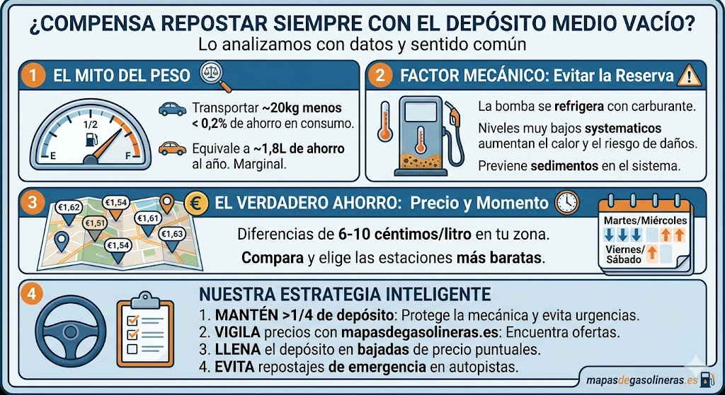 ¿Compensa repostar siempre con el depósito medio vacío? Lo analizamos con datos y sentido común